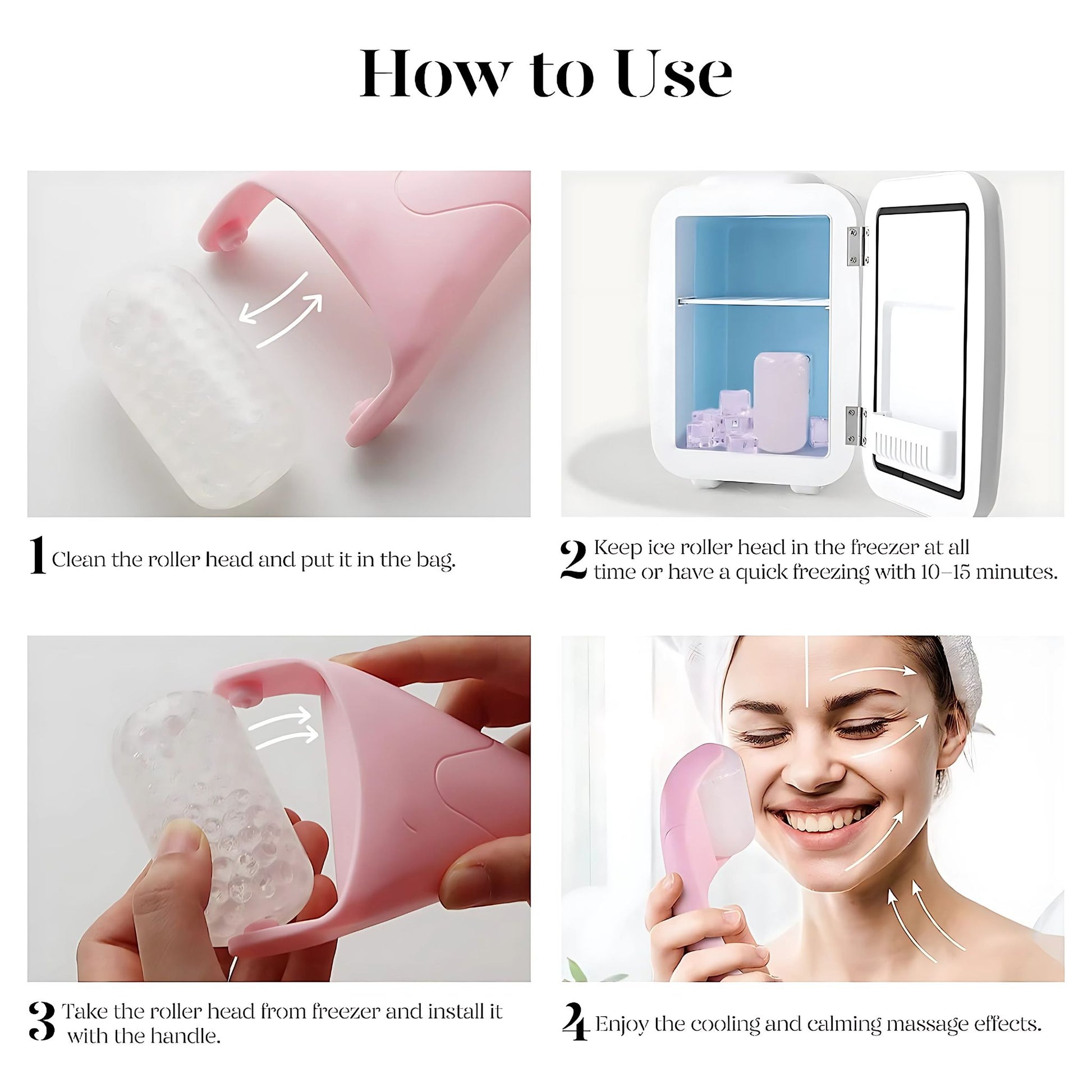 Facial ice gel roller - how to use guide.