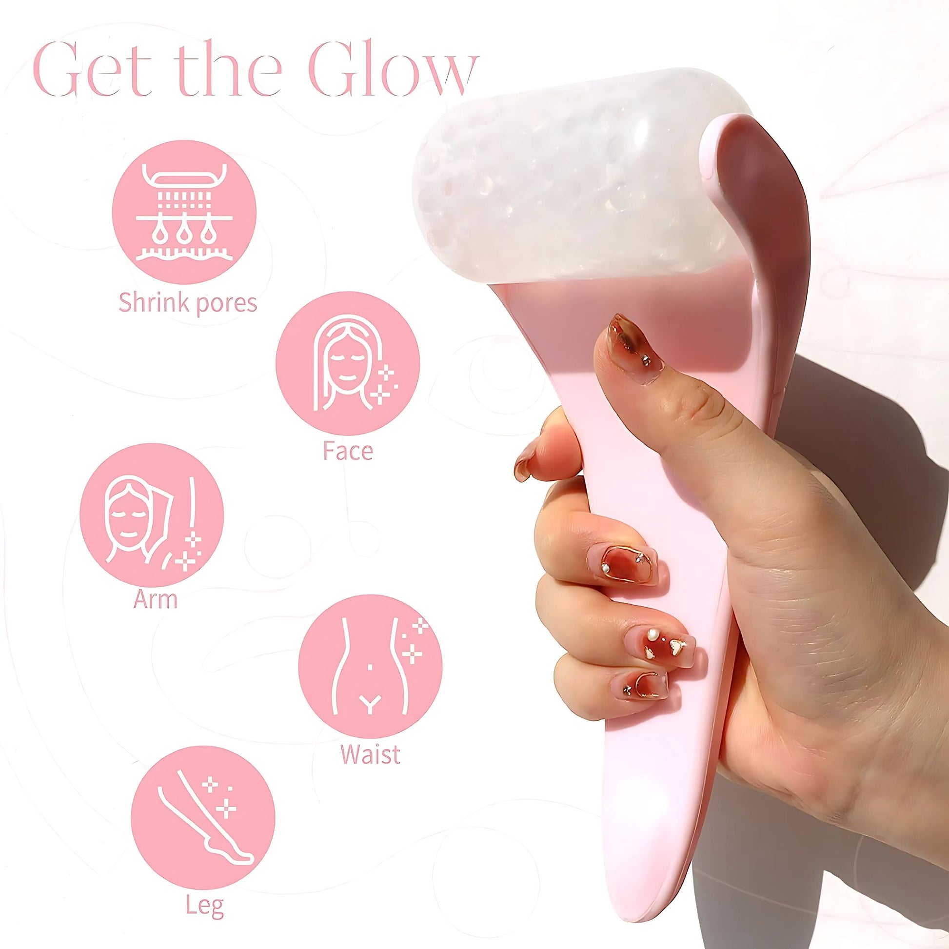 Pink, facial ice roller with handle.