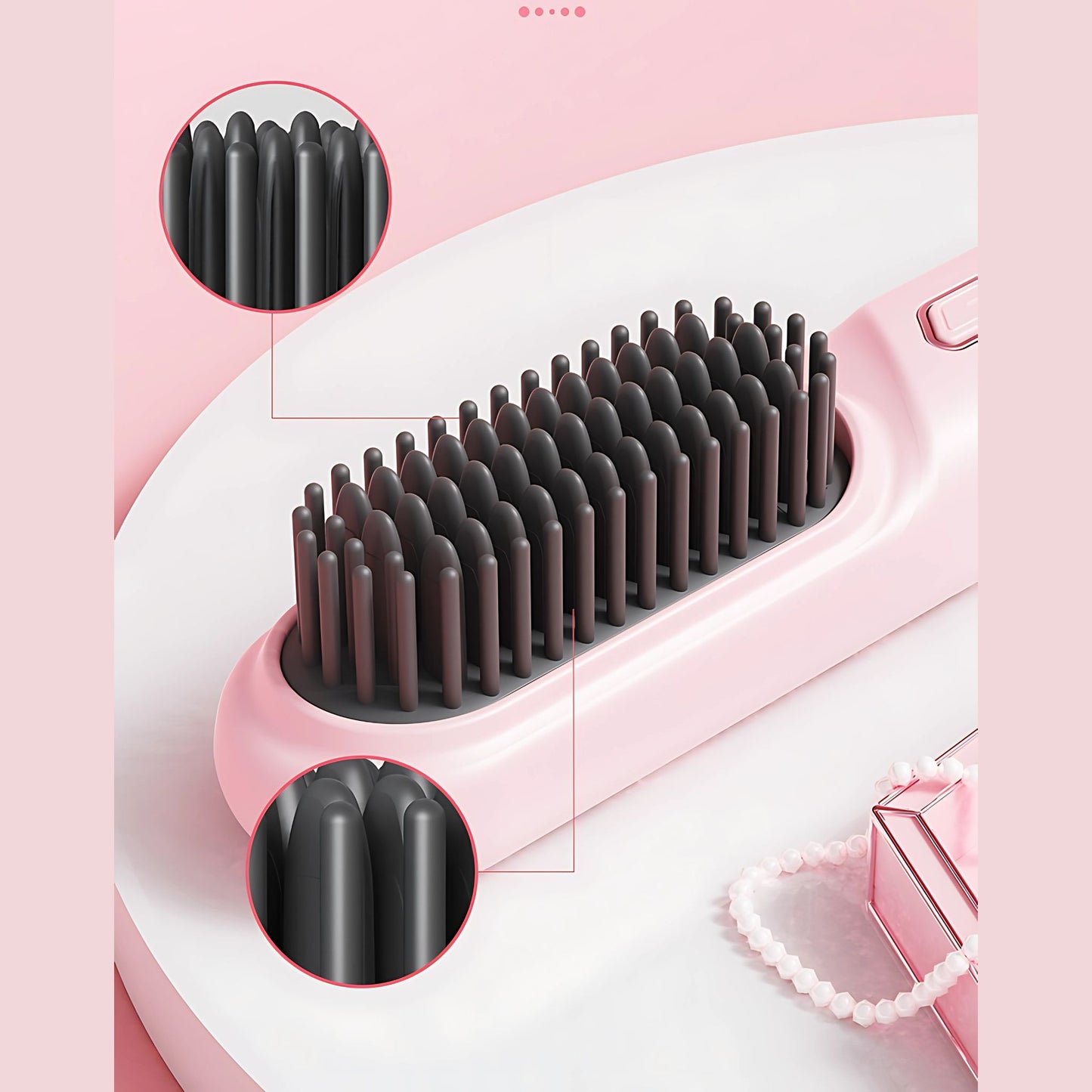 Pink hair brush straightener - electrical hair styling device.