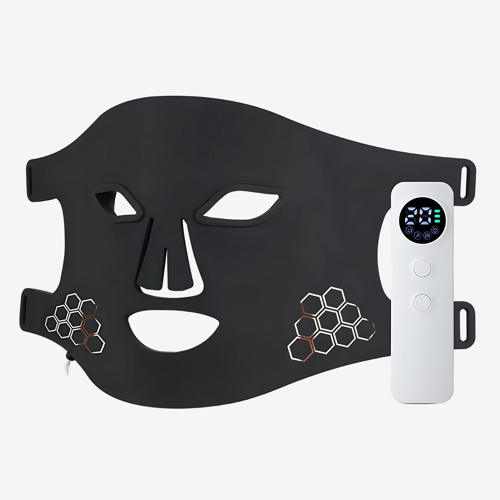 Black, silicone LED red light therapy face mask.