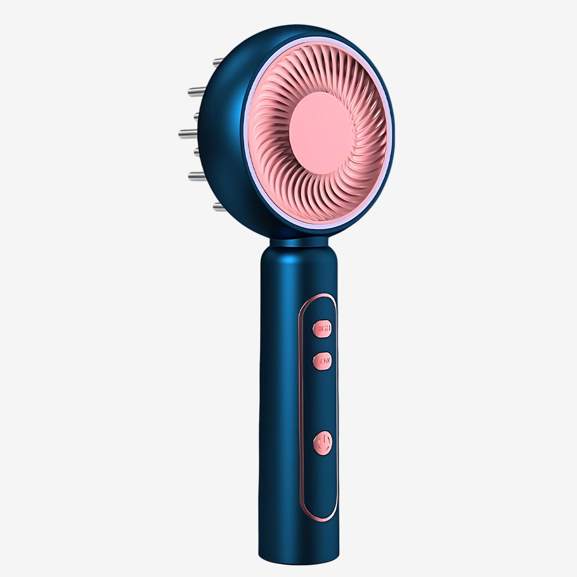 Red light scalp massager hair brush in blue and pink.