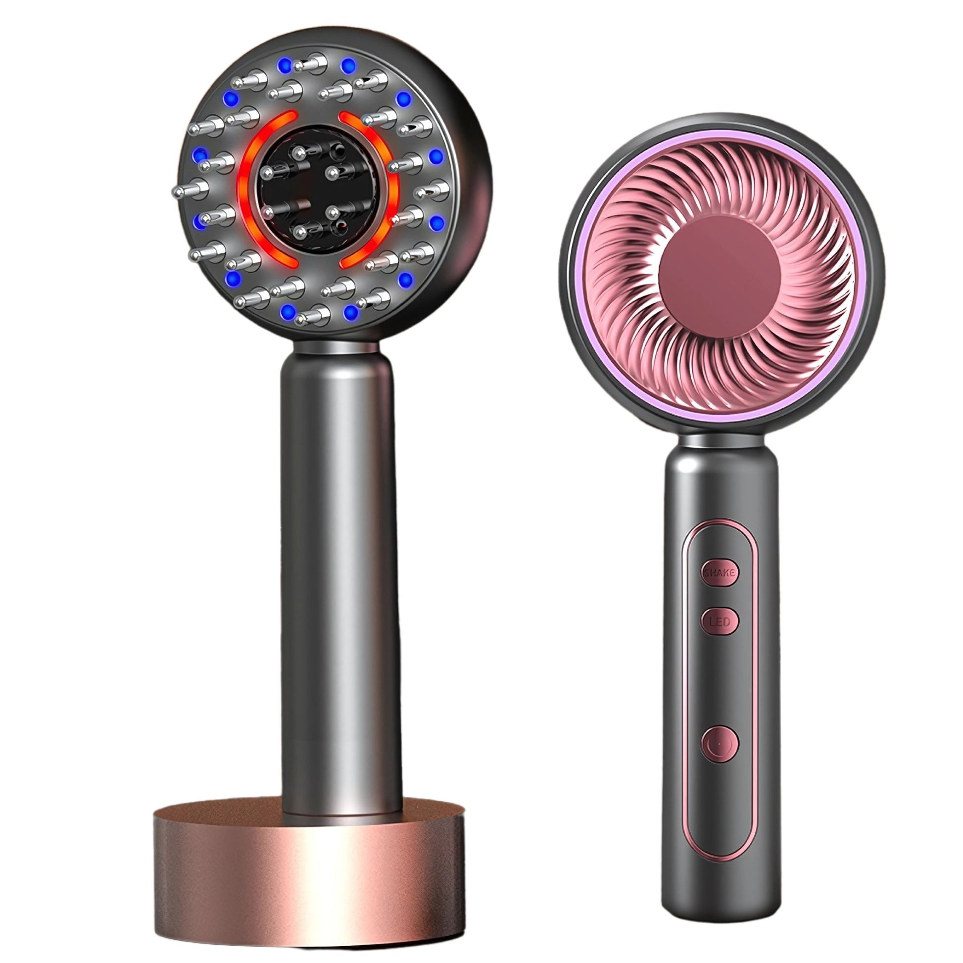 Grey scalp massager with red light therapy and hair essential oil functions.