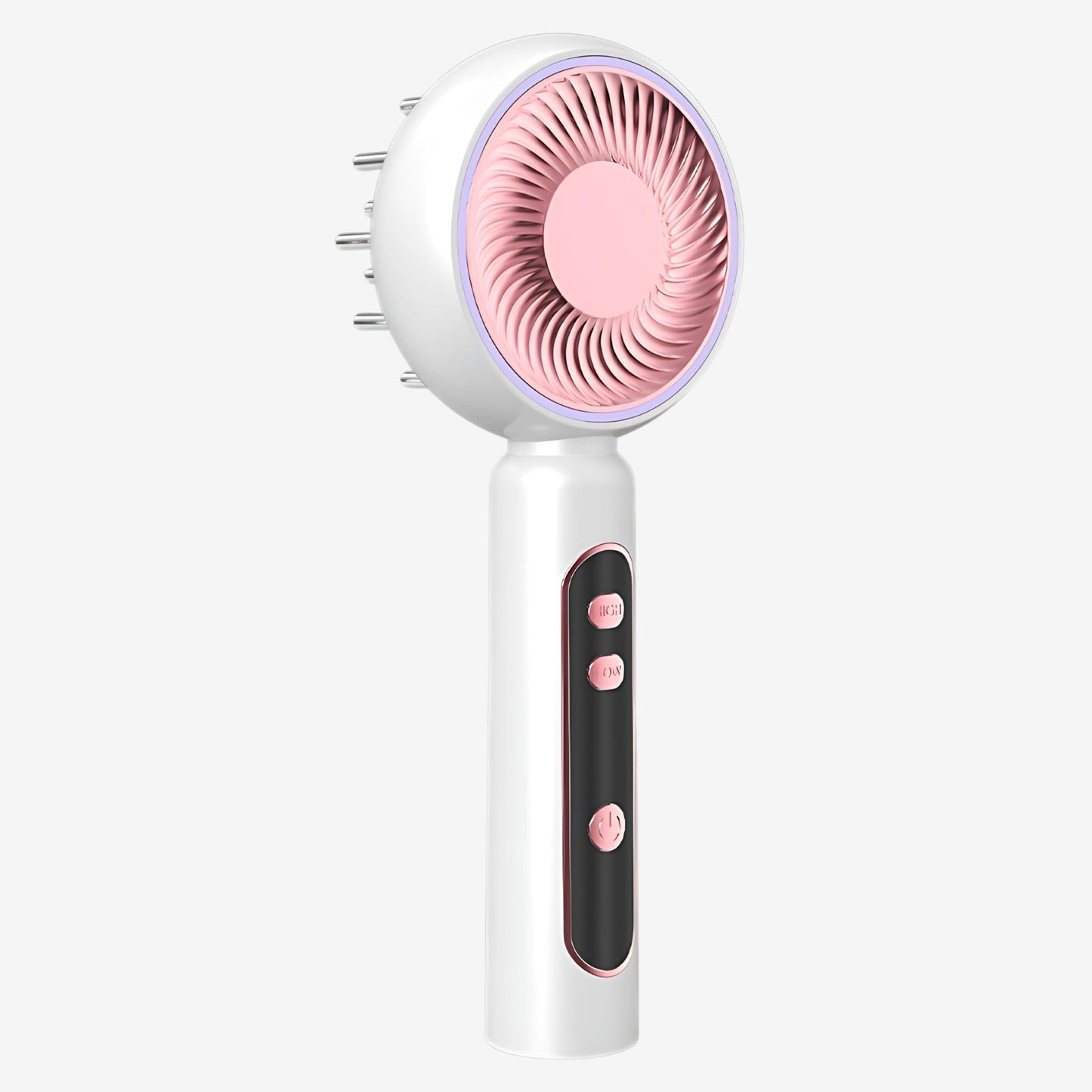 Red light scalp massager hair growth brush in white and pink.