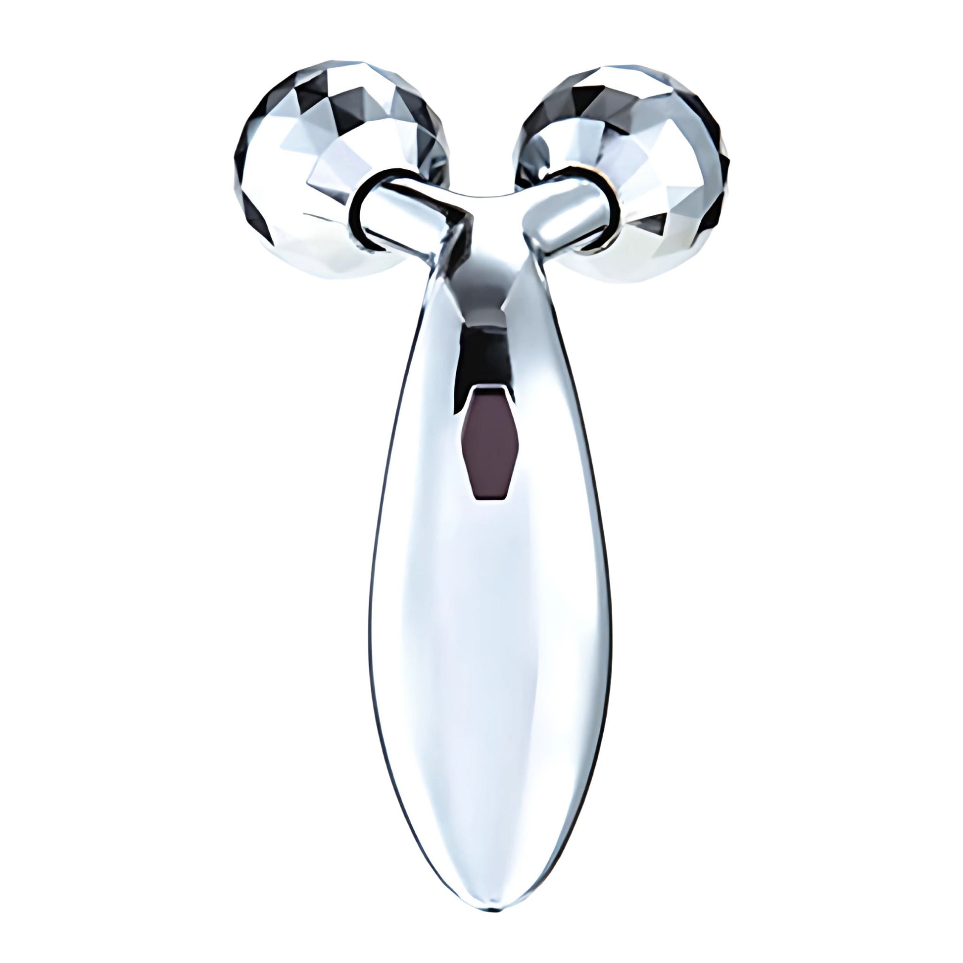 Silver metal face rolling massage device for face sculpting.