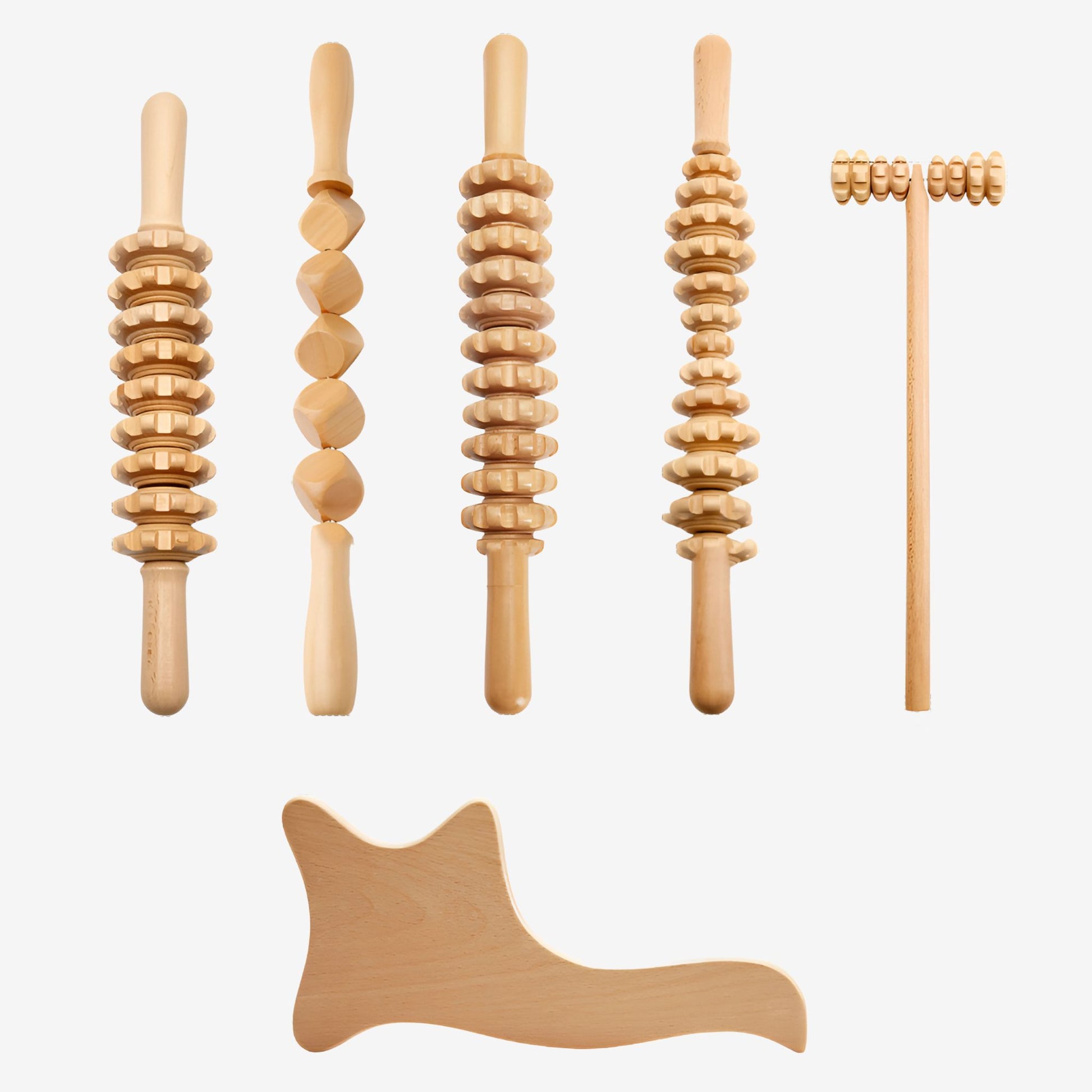 6-Piece set wooden roller massage tools for body.