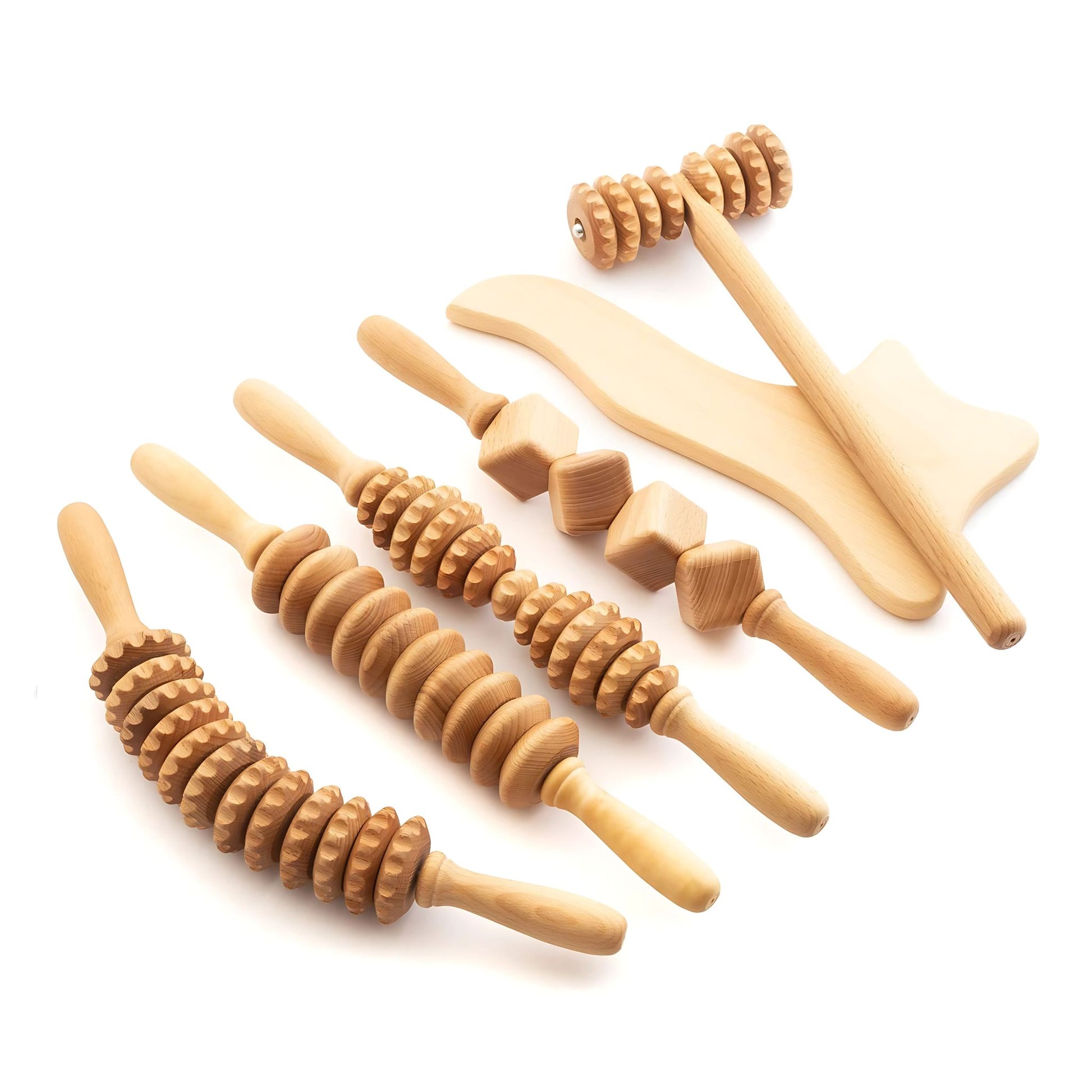 Body massager set with wooden roller massage tools.